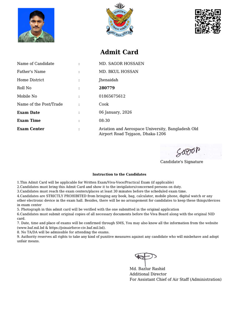 Admit Card: Instruction To The Candidates | PDF