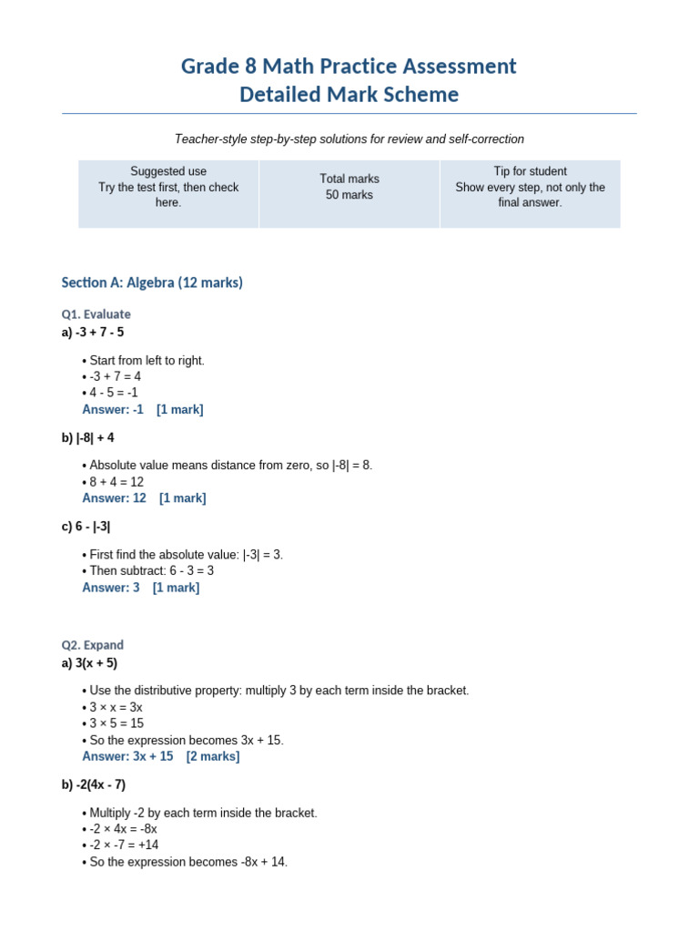 Grade8 Math Mark Scheme Detailed | PDF