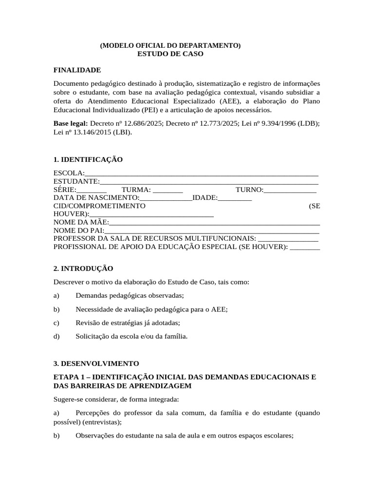 Modelo Estudo de Caso - 2026 2 | PDF | Educação Especial | Pedagogia