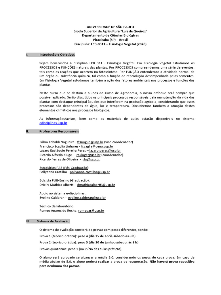 Programa LCB 311 18.02.26 - E-Discipinas | PDF | Plantas | Fotossíntese