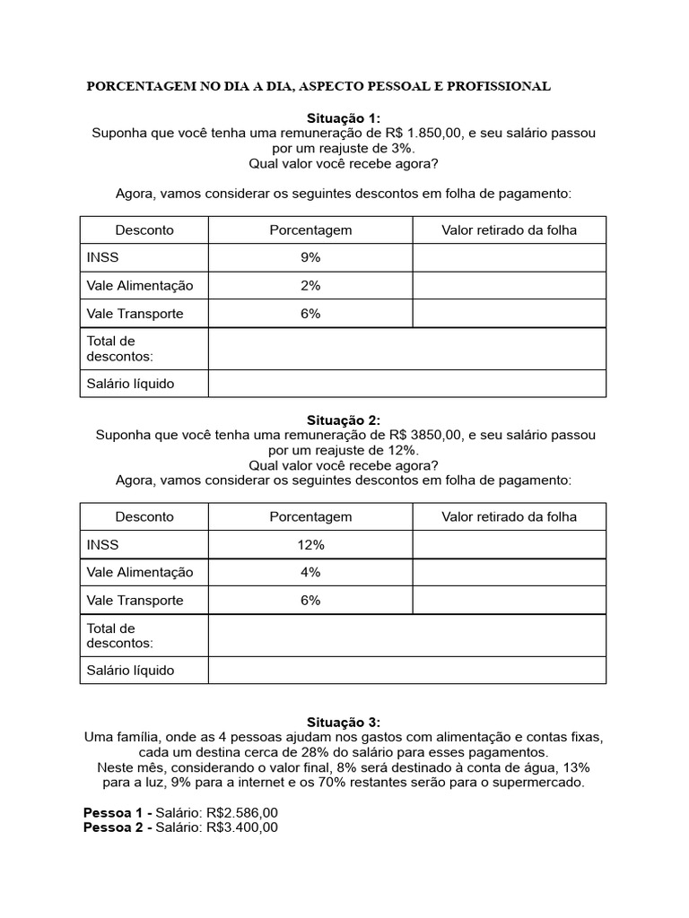 Atividade Equipes - Porcentagem No Dia a Dia, Aspecto Pessoal e ...