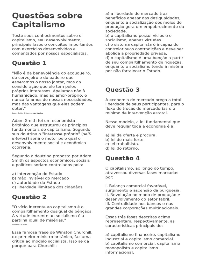 Questões Sobre Capitalismo 8 ANO MINE PROVA 1 | PDF | Capitalismo ...