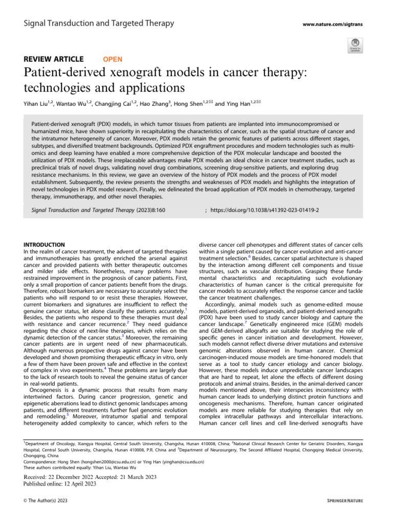 PDX in Cancer Therapy_Nature_2023 | PDF | Cancer | Metastasis
