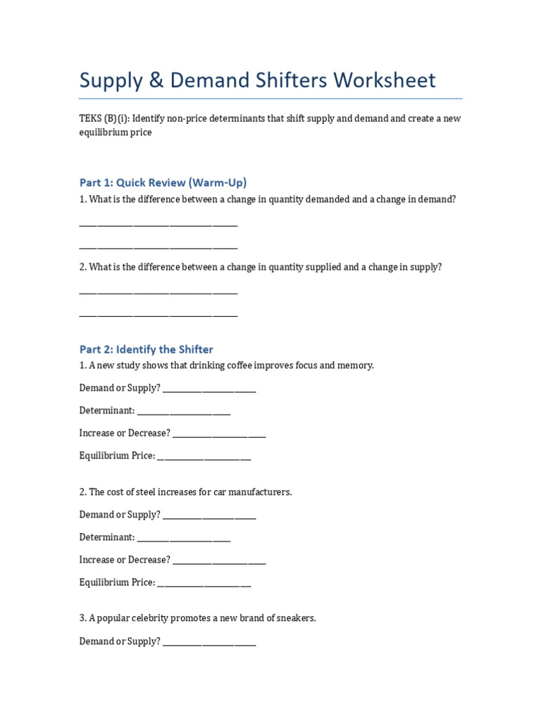 Supply and Demand Shifters Worksheet | PDF | Demand | Economic Equilibrium