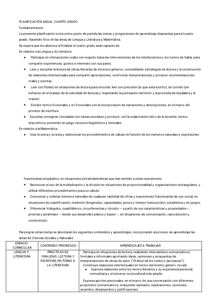 PLANIFICACIÓN ANUAL CUARTO GRADO | PDF
