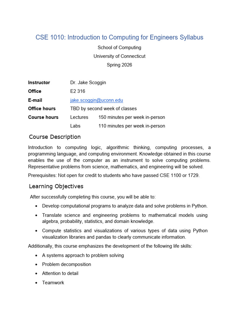 Syllabus CSE 1010 Spring 2026 ProfScoggin | PDF | Artificial ...