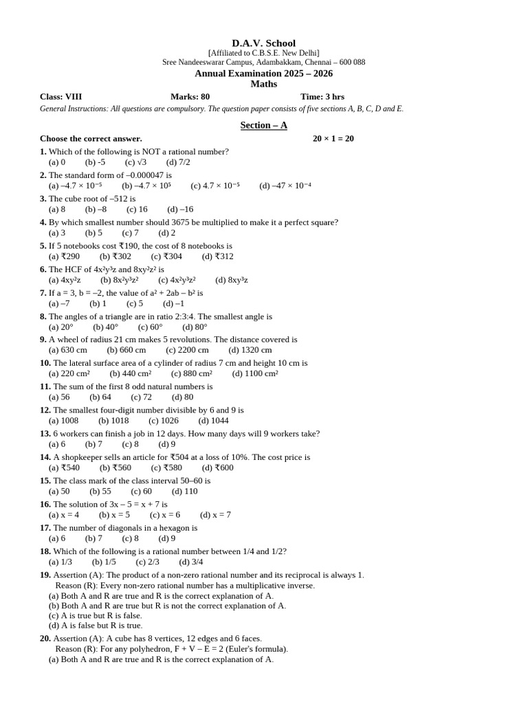 Class8 Maths Sample Paper | PDF | Area | Mathematics