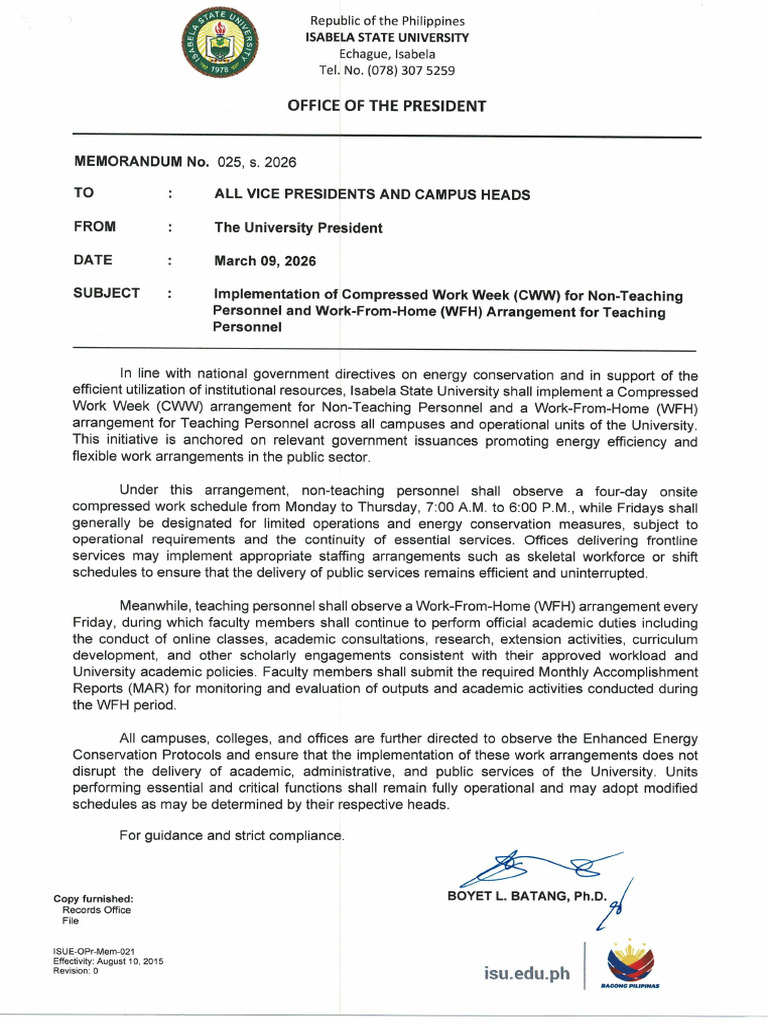 OPr Memorandum No. 025 S 2026 Implementation of Compressed Work Week ...