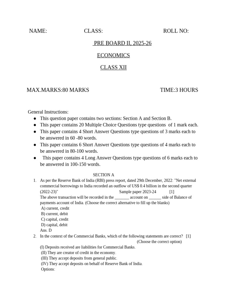 Pre Board 2 Class Xii Answer Key 2025-26) | PDF | Gross Domestic ...