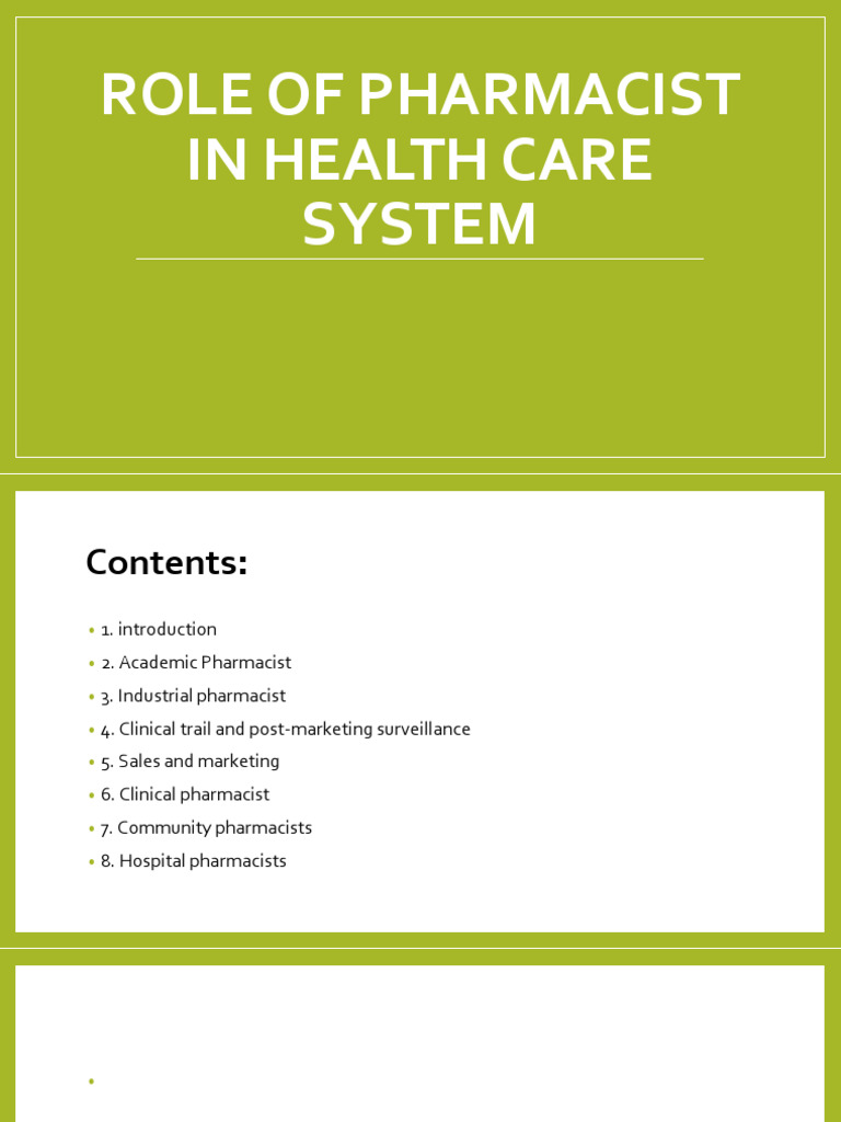 Role of Pharmacist in Health Care System | PDF | Pharmacy | Medical ...