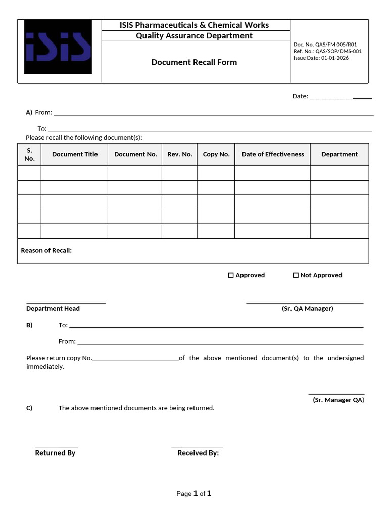 QAS FM 005 Document Recall Form | PDF