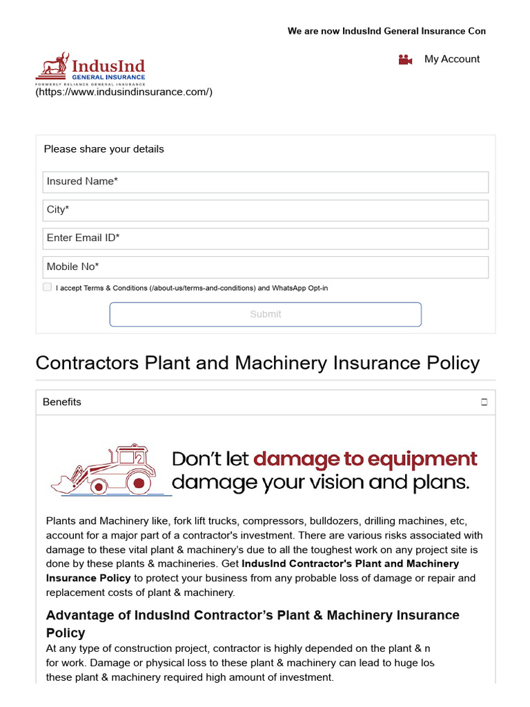 Contractors Plant and Machinery Insurance Policy - IndusInd General ...