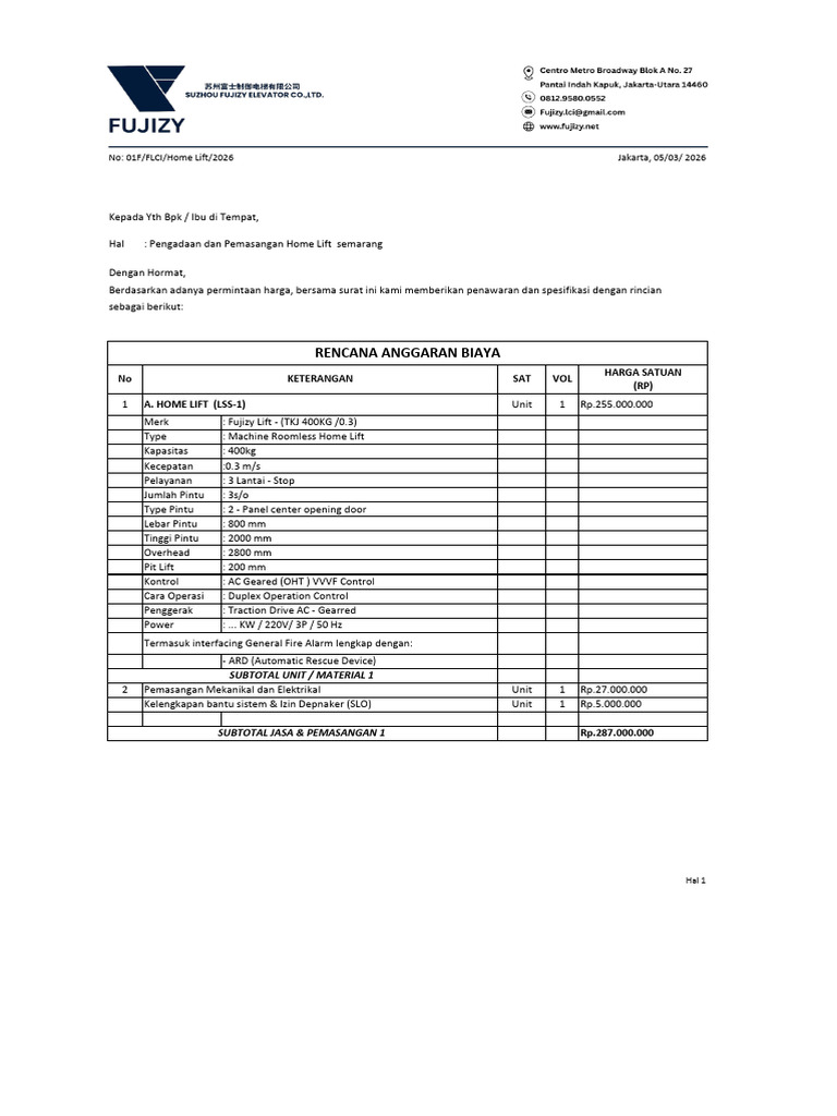 Copy of Quotation Home Lift (Semarang )(2) | PDF
