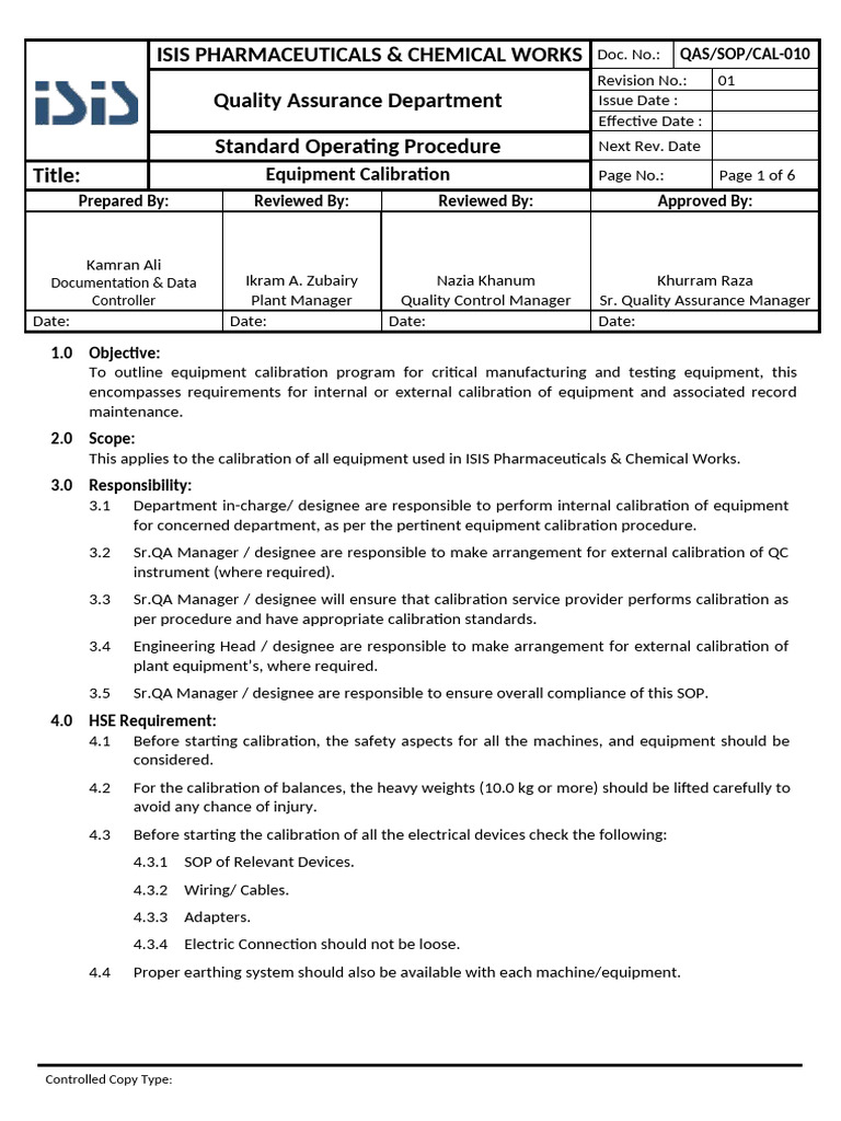 10 QAS SOP CAL 010 Equipment Calibration | PDF