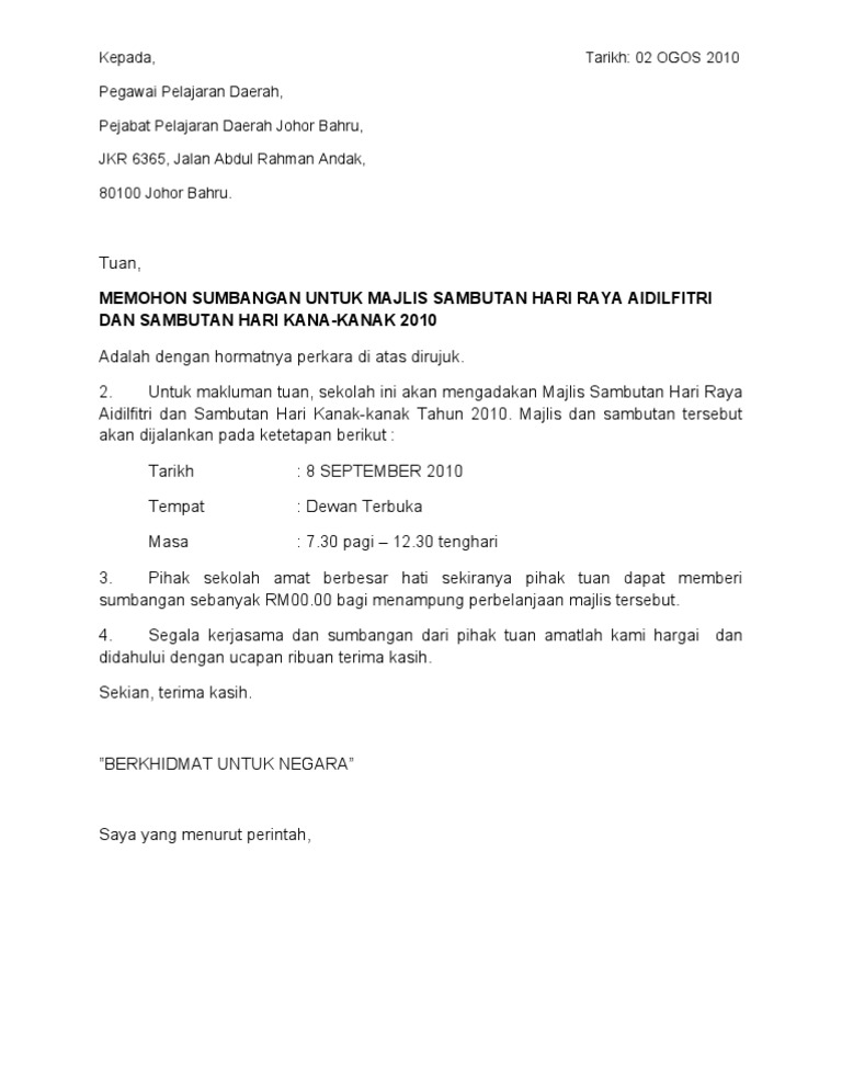 Contoh Surat Permohonan Tajaan Yb