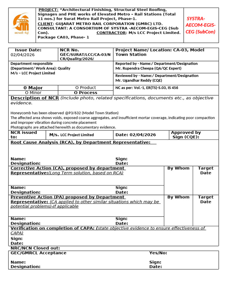 NCR format for metro project | PDF