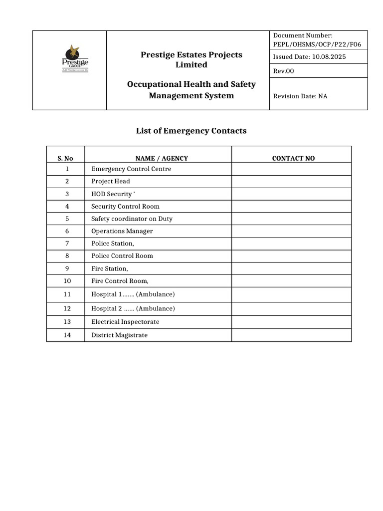 PEPL-OHSMS-OCP-P22-F04- Fire Safety - List of Emergency Contacts | PDF