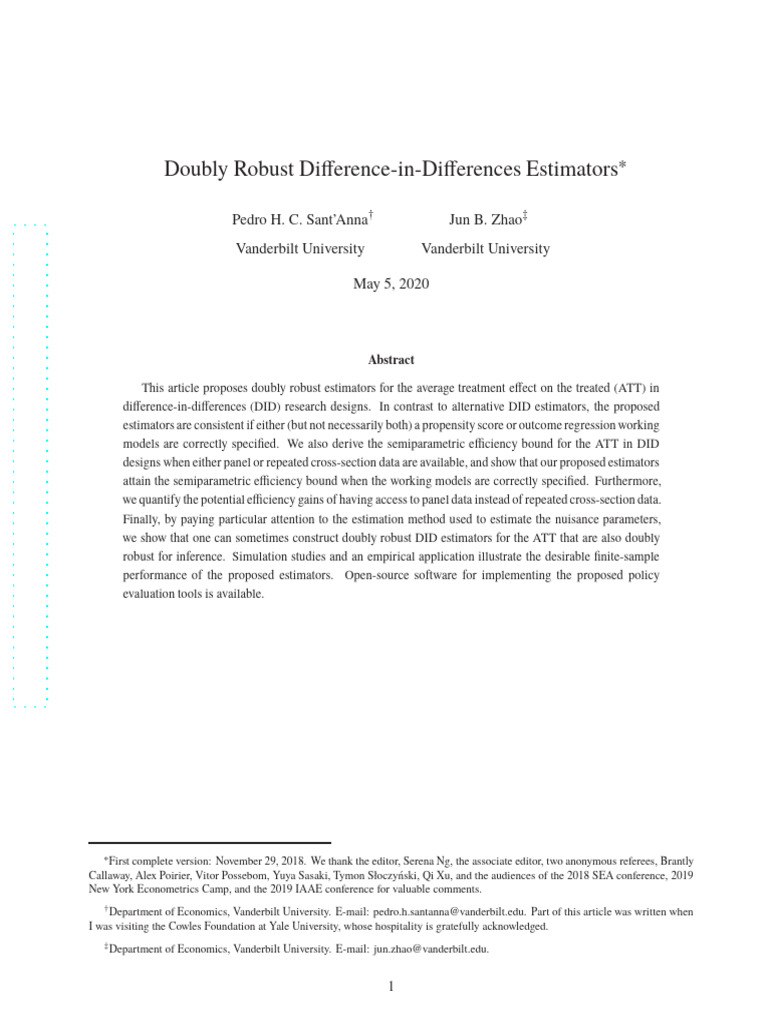 Doubly Robust Difference-in-Differences Estimators-2020 | PDF