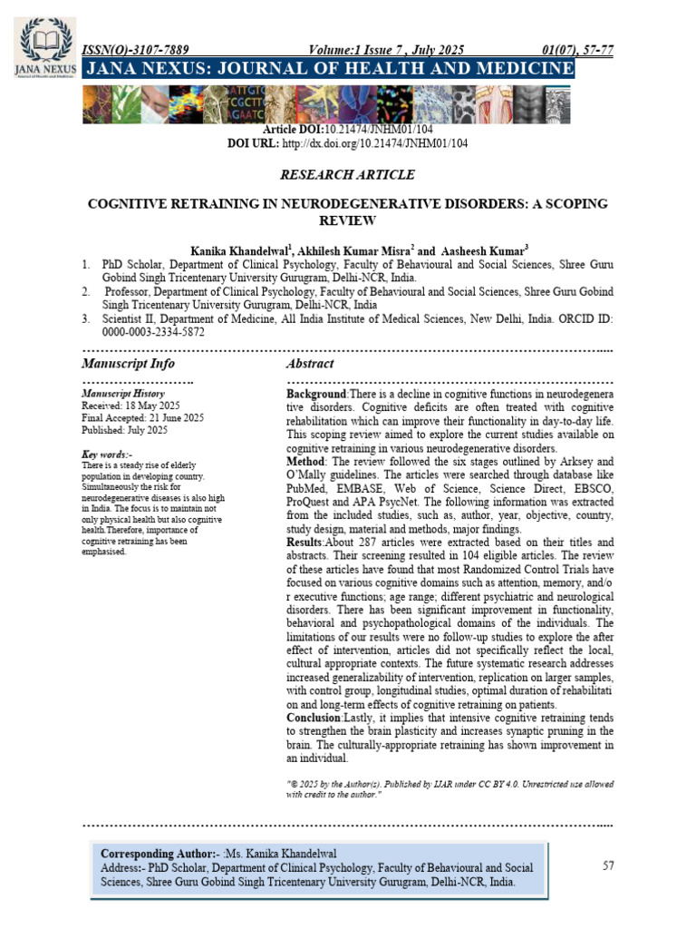 COGNITIVE RETRAINING IN NEURODEGENERATIVE DISORDERS: A SCOPING REVIEW ...