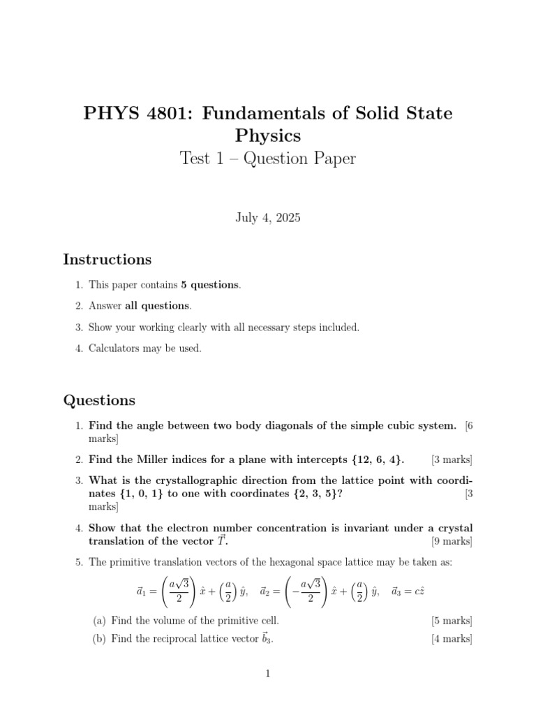 Solid State Physics Test 1 for ODeL | PDF