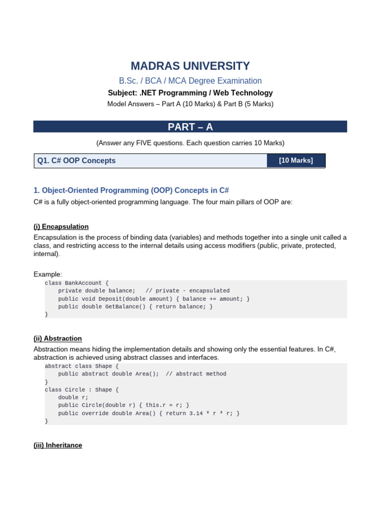 MadrasUniversity DotNet Answers | PDF | Method (Computer Programming ...