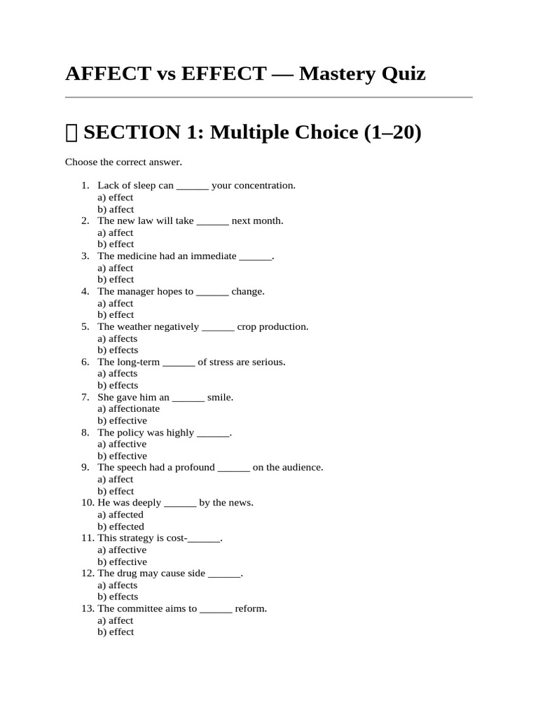 Affect vs Effect Worksheet | PDF | Affect (Psychology) | Emotions