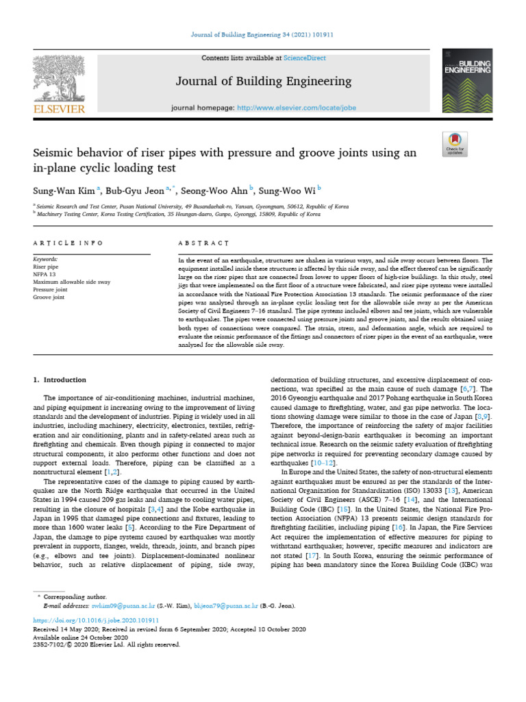 Seismic behavior of riser pipes with pressure and groove joints using ...