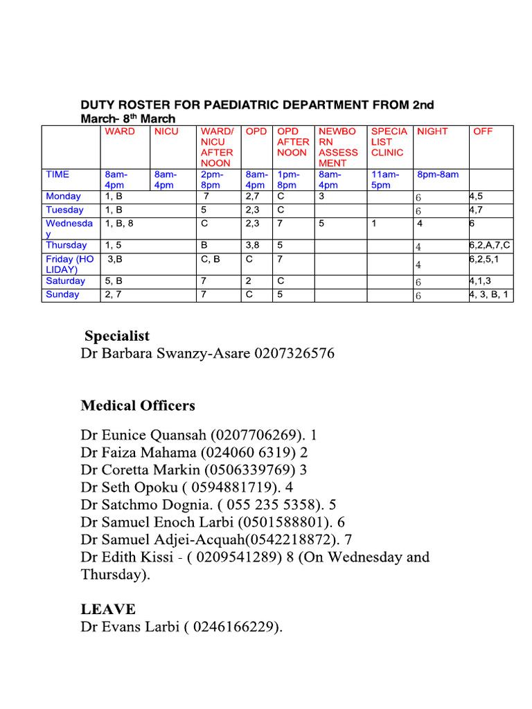 Duty Roster for Paediatric Department From 2nd Mar 1.Docx | PDF