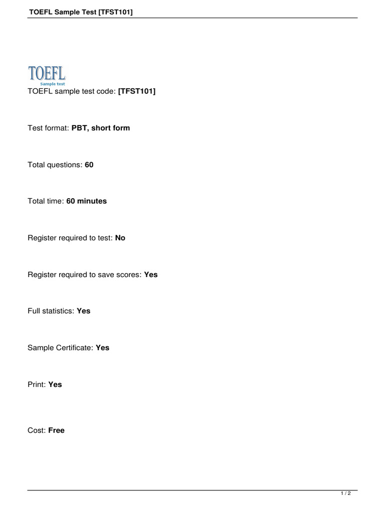 TOEFL Sample Test Tfst101 | PDF