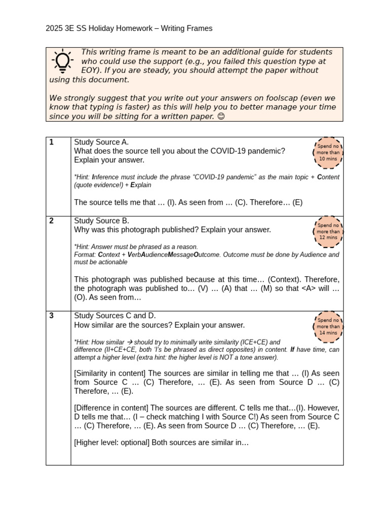 Sec 3E 2025 Holiday Homework - QTSS Paper [Optional Writing Frame] (1 ...