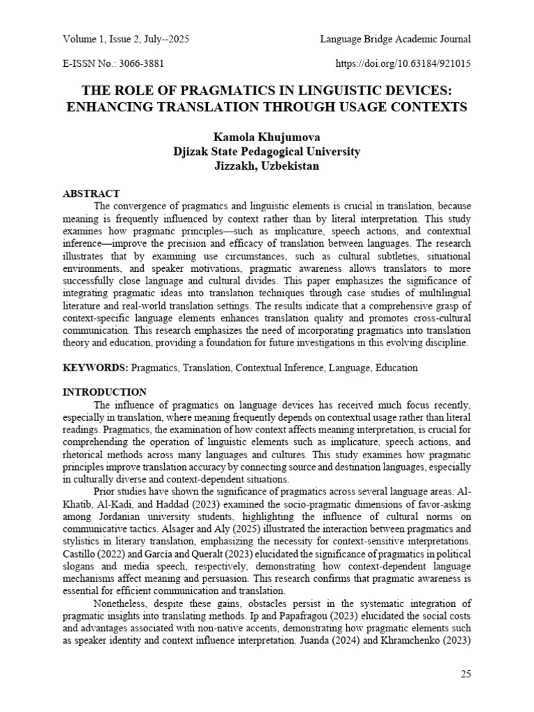 THE ROLE OF PRAGMATICS IN LINGUISTIC DEVICES: ENHANCING TRANSLATION ...