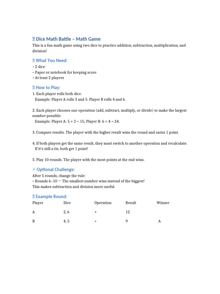 Dice Math Battle Game | PDF