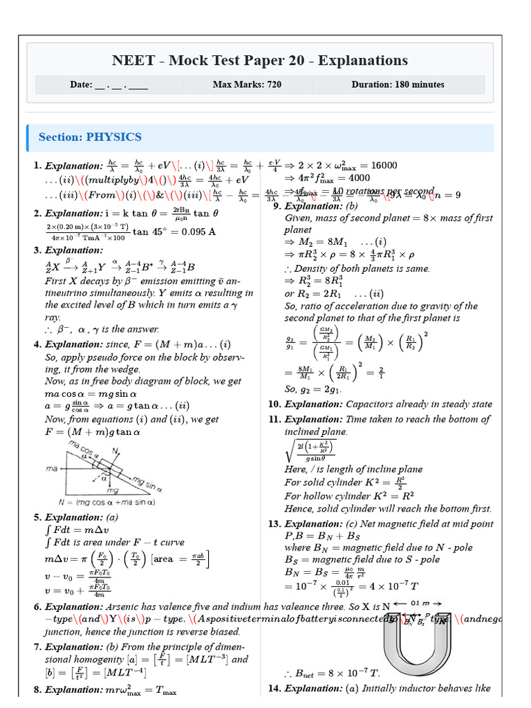 Practice Test Paper 3 - Explanation | PDF | Physics | Physical Sciences