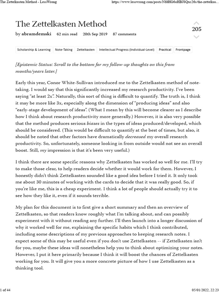 The Zettelkasten Method - LessWrong | PDF