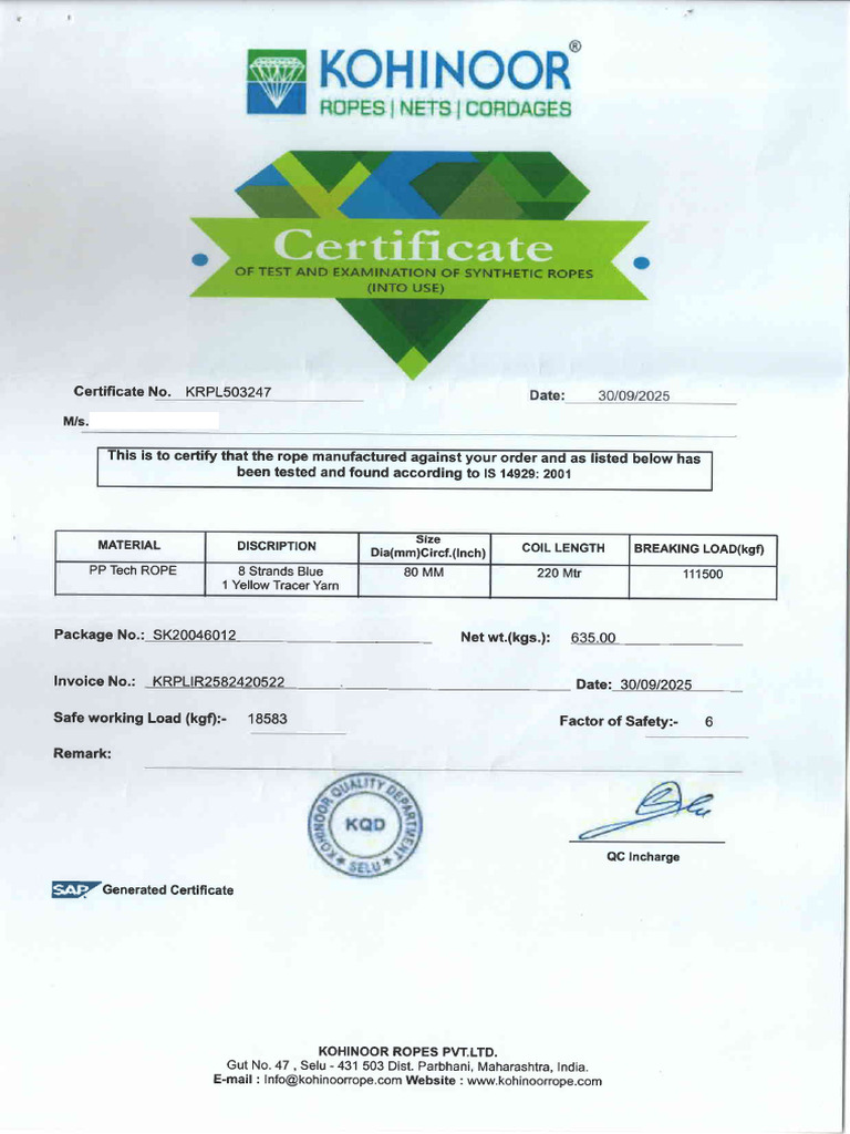 Sample Certificate of 80 Mm Rope Copy | PDF | Rope | Mechanical Engineering