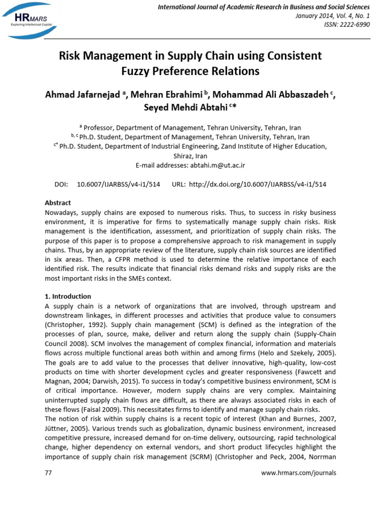 Risk Management in Supply Chain Using Consistent Fuzzy Preference ...