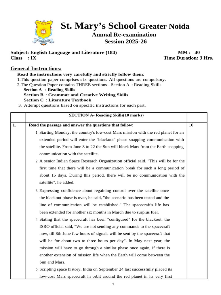 Final Re-exam Question Paper Class 9 Annual | PDF