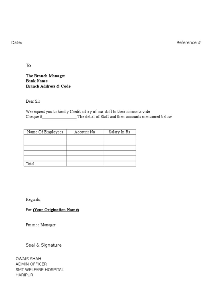 Letter For Salaries Transfer To Bank | PDF | Cheque | Banks
