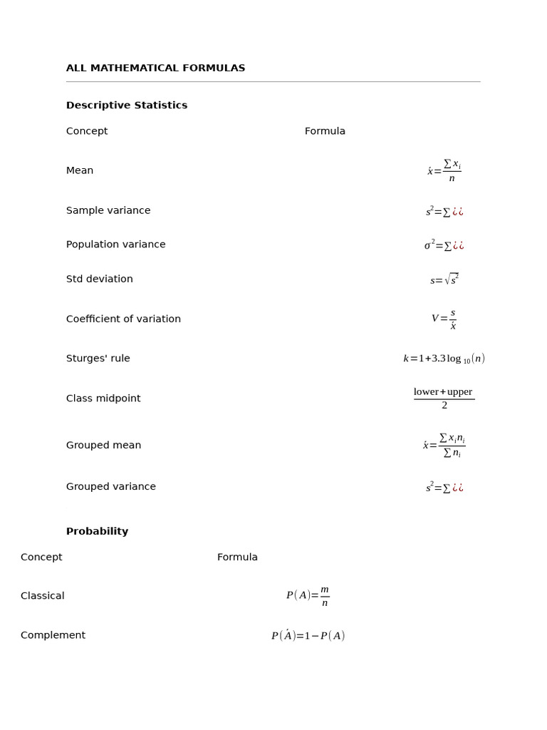 Mathematical Formula Sheet | PDF