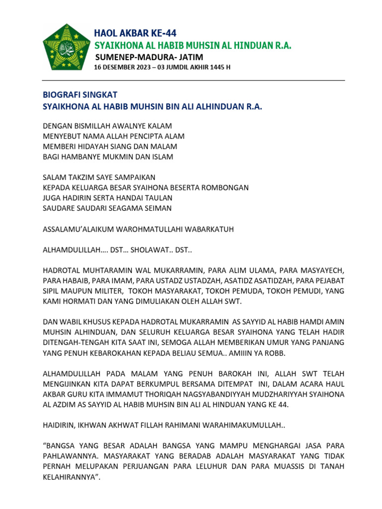 Biografi Singkat Habib Muhsin Alhinduan Versi Add | PDF