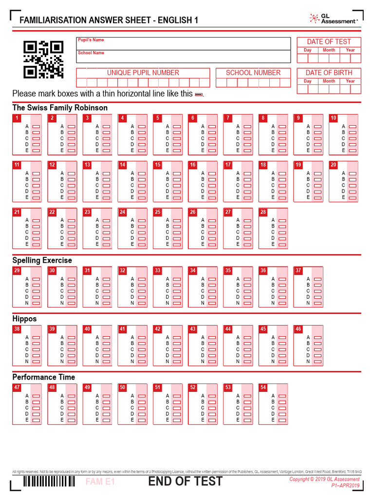 GL Assessment English Familiarisation Test 1 Answer Sheet | PDF ...