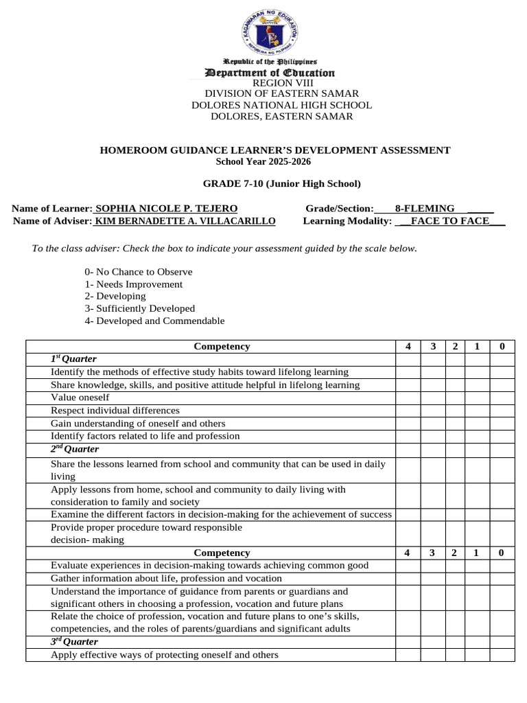Homeroom Guidance Learners Development Assessment Junior High School ...