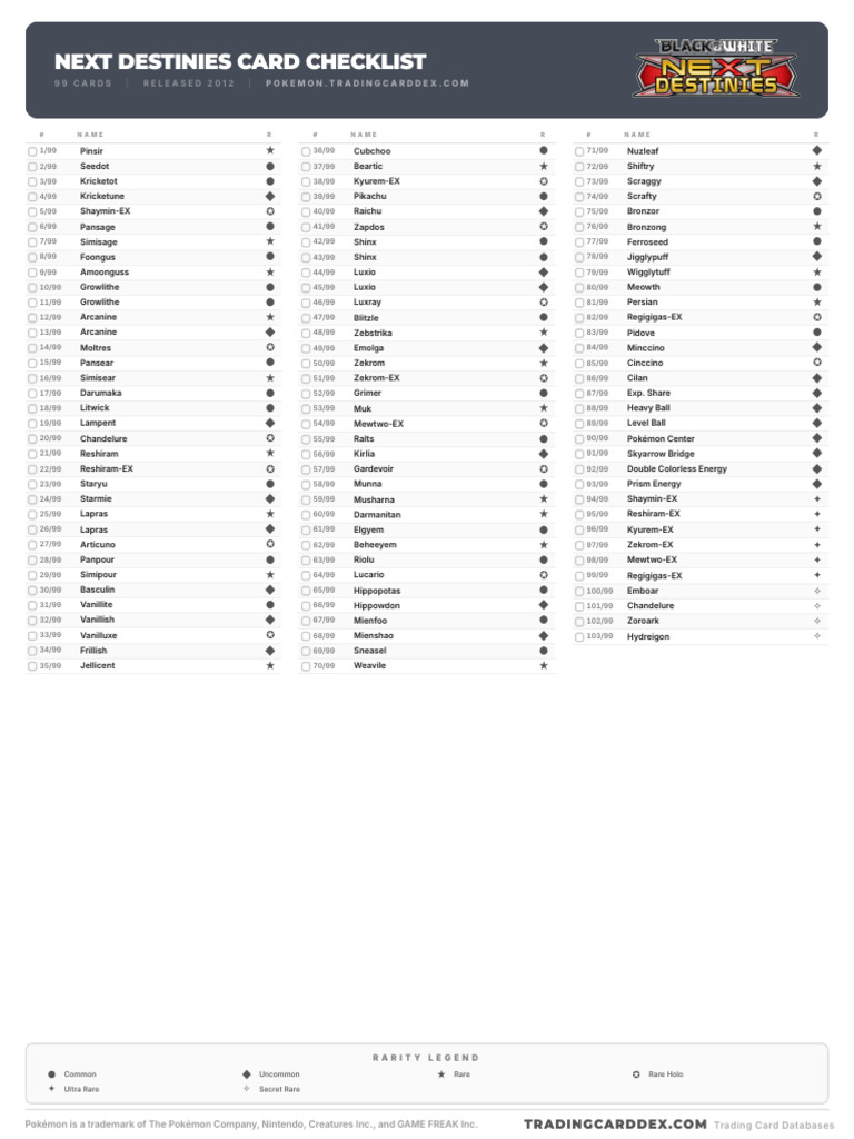 pokemon next destinies card list Pokemon Next Destinies Card Checklist