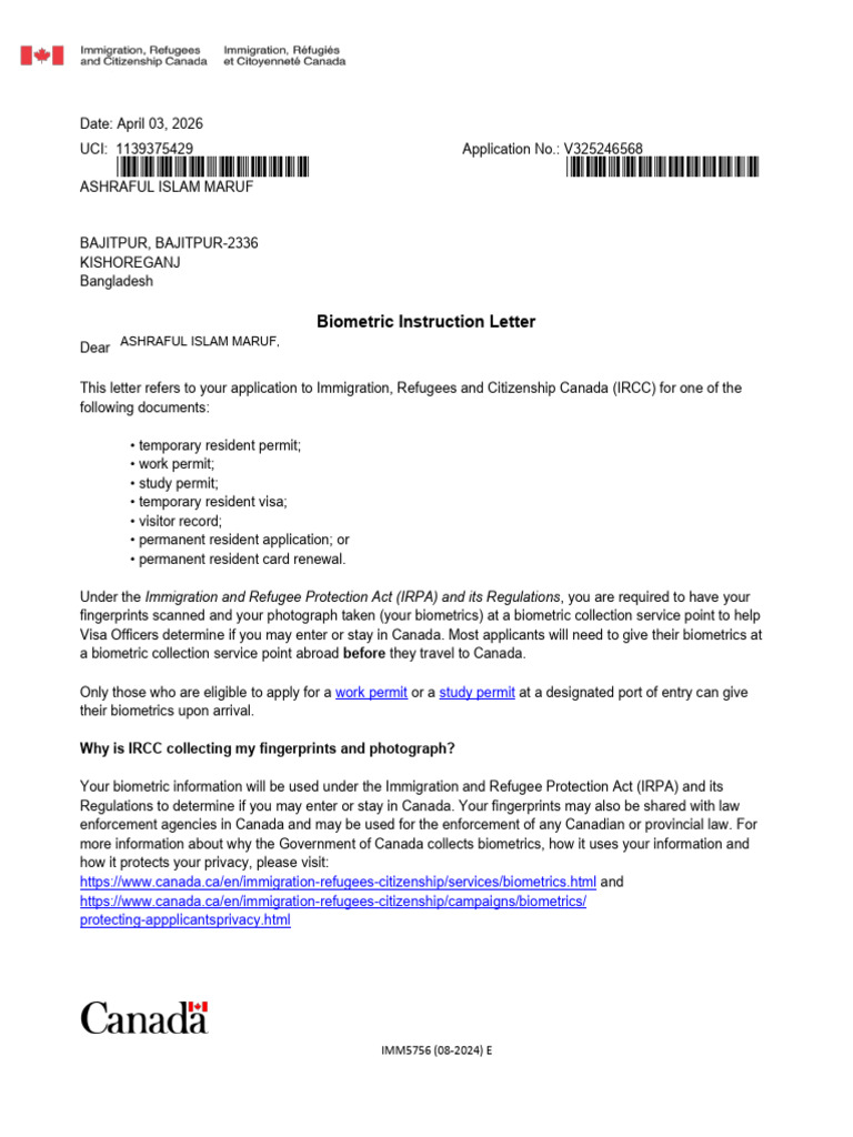 Biometric Instruction Letter for Canada Visitor Visa | PDF