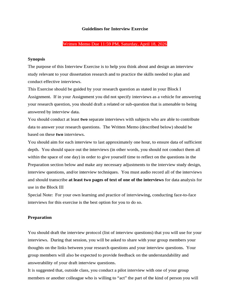Guidelines for Interview Exercise Block II Assignmnet | PDF | Interview ...