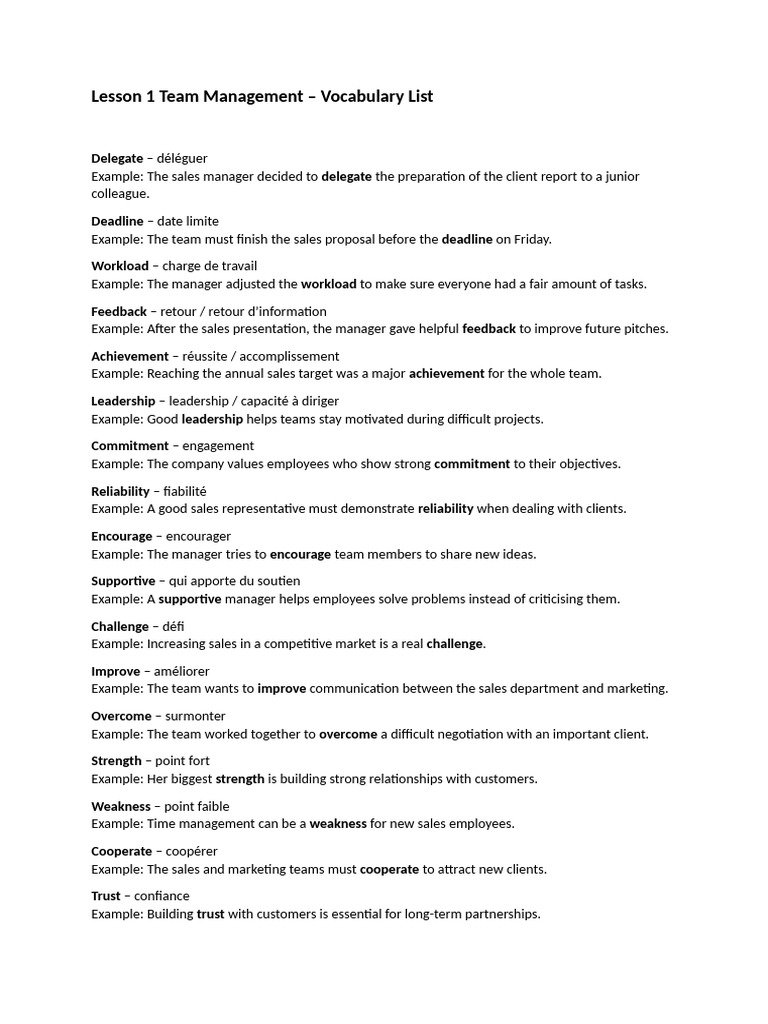 Lesson 1 Team Management – Vocabulary List | PDF | Leadership ...