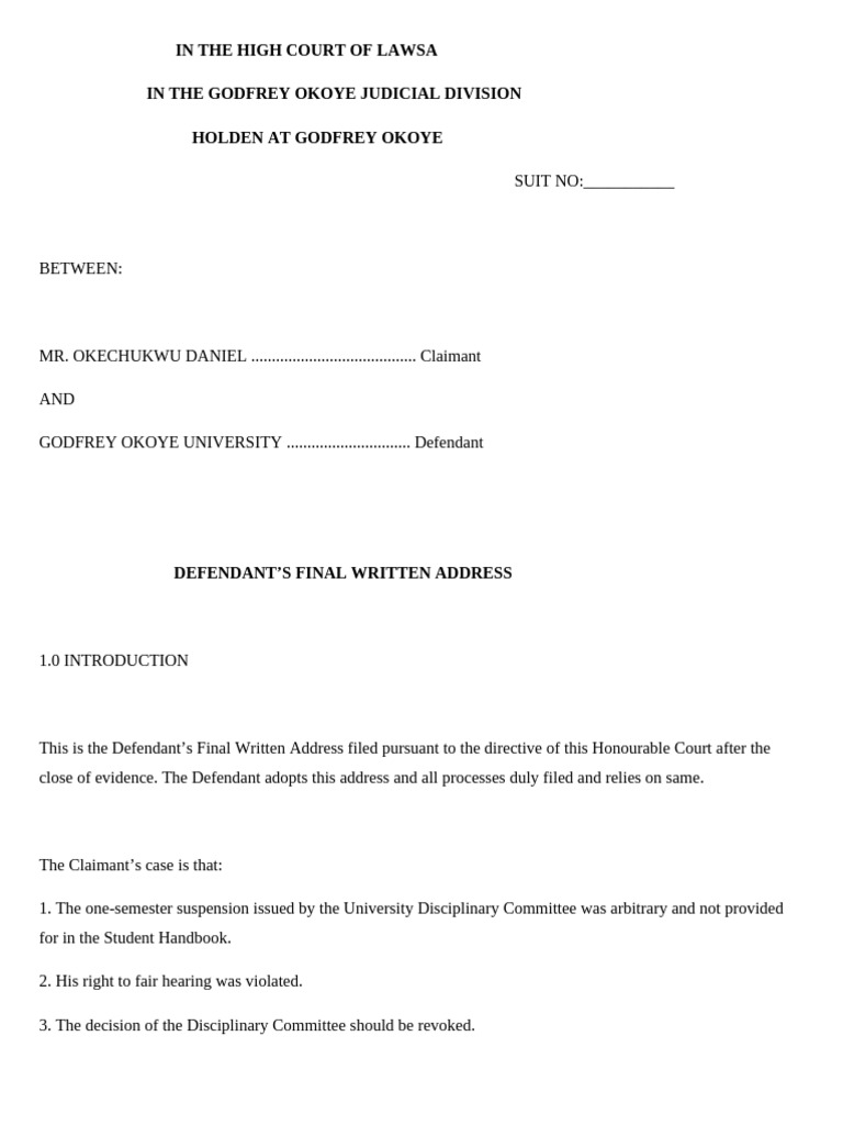 Final Written Address Signed Copy | PDF | Burden Of Proof (Law) | Lawsuit
