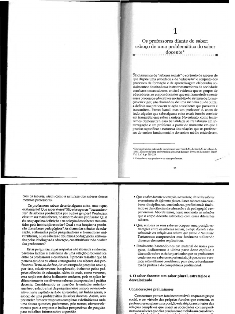 TARDIF Maurice. Os Professores Diante Do Saber Esboo de Uma Problemtica ...