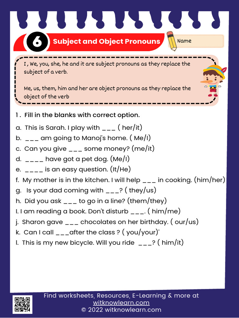 Subject and Object Pronouns Worksheet Easy Exercises to Practice 0 2023 ...