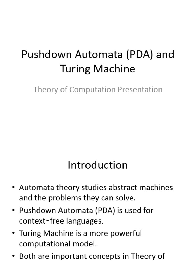 PDA Turing Machine Presentation(1)(1) | PDF | Automata Theory | Computing